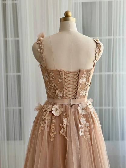 Romantic A-Line Spaghetti Strap Floral Embroidered Lace-Up Back Tulle Midi Evening Dress
