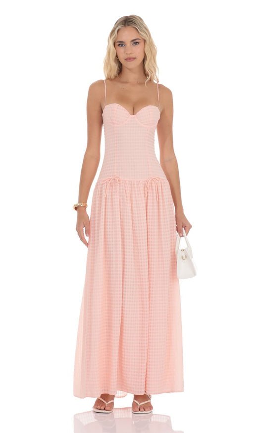 Romantic A-Line Spaghetti-Strap Gingham-Print Crisscross-Tie-Back Blush Floor-Length Prom Dresses