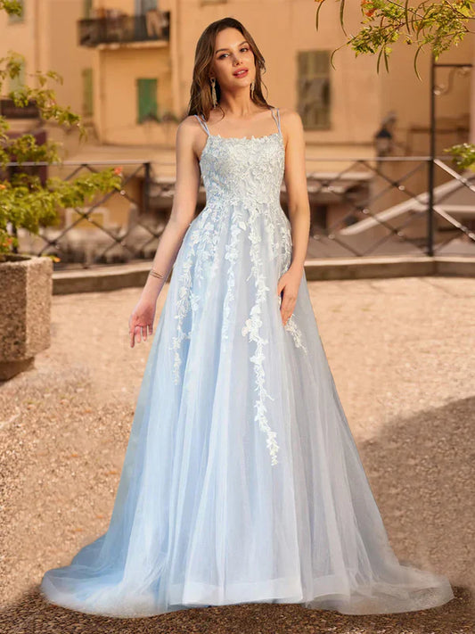 Romantic A-Line Spaghetti-Strap Lace-Up-Back Floral-Lace Sky Blue Tulle Train-Floor-Length Prom Dresses