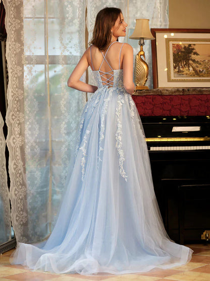 Romantic A-Line Spaghetti-Strap Lace-Up-Back Floral-Lace Sky Blue Tulle Train-Floor-Length Prom Dresses