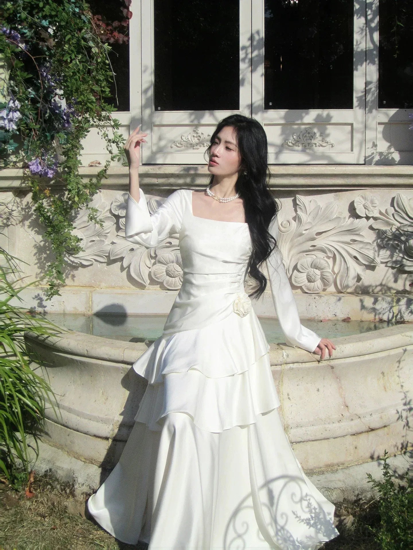 Romantic A-Line Square Neck Long Sleeve Zipper Back Floor-Length Bridal Wedding Dress