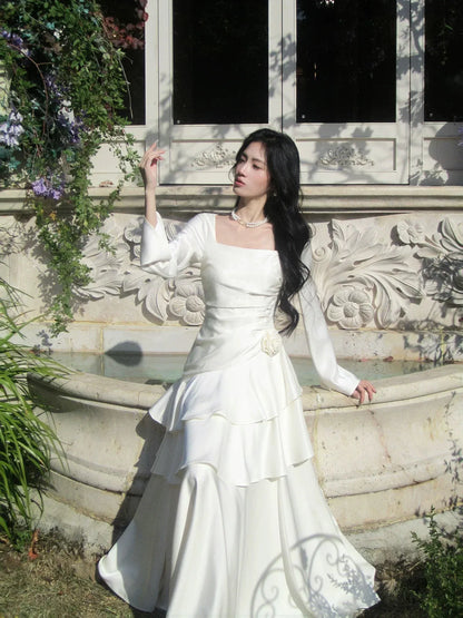 Romantic A-Line Square Neck Long Sleeve Zipper Back Floor-Length Bridal Wedding Dress