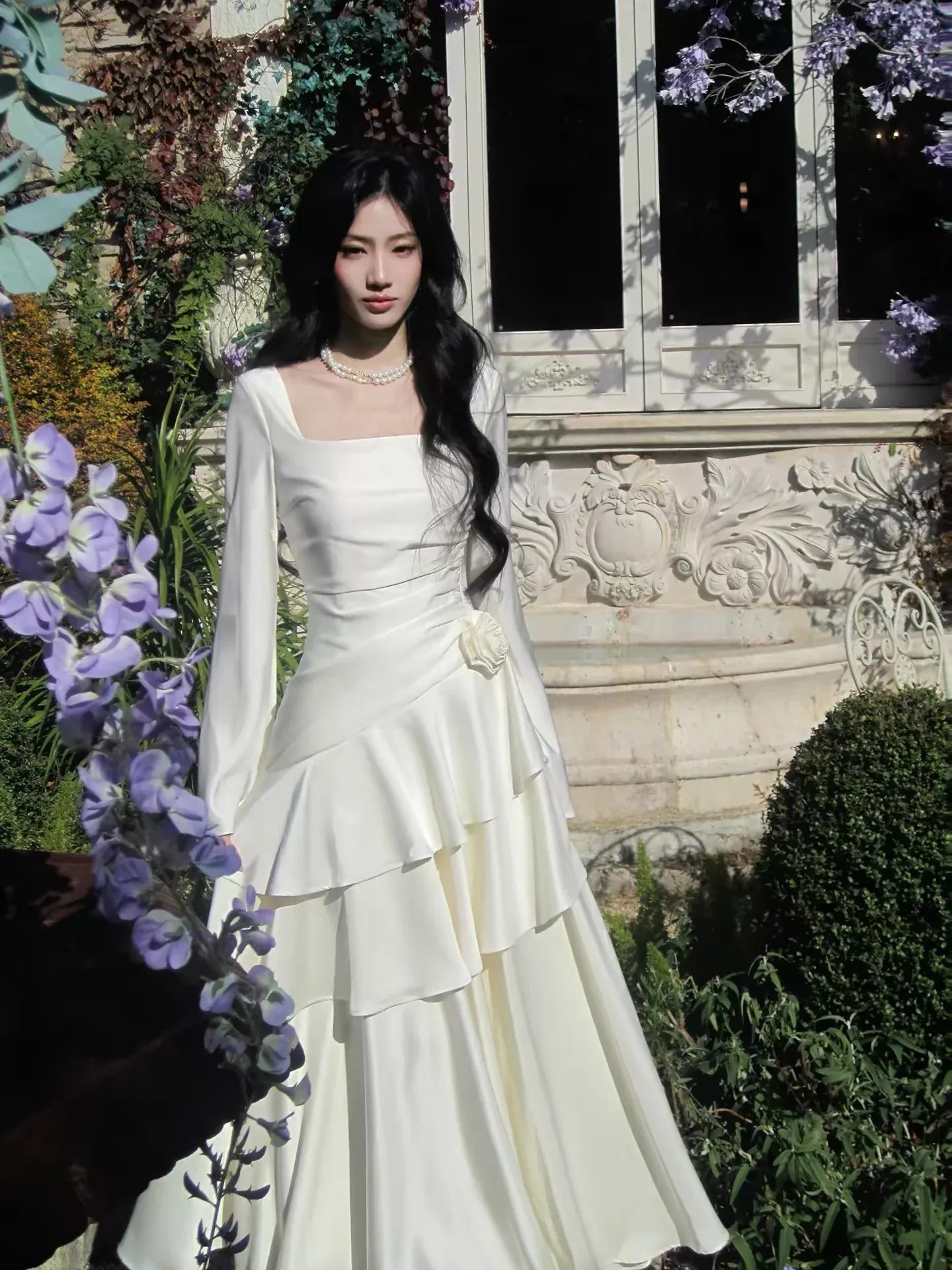 Romantic A-Line Square Neck Long Sleeve Zipper Back Floor-Length Bridal Wedding Dress