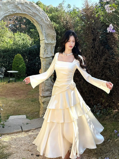 Romantic A-Line Square Neck Long Sleeve Zipper Back Floor-Length Bridal Wedding Dress