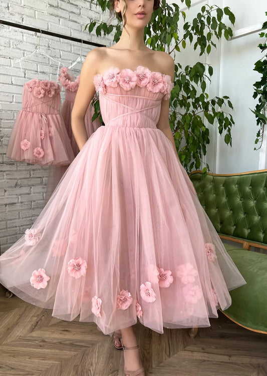 Romantic A-Line Strapless Floral Back Zip Applique Tulle Midi Evening Dress