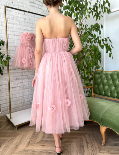 Romantic A-Line Strapless Floral Back Zip Applique Tulle Midi Evening Dress