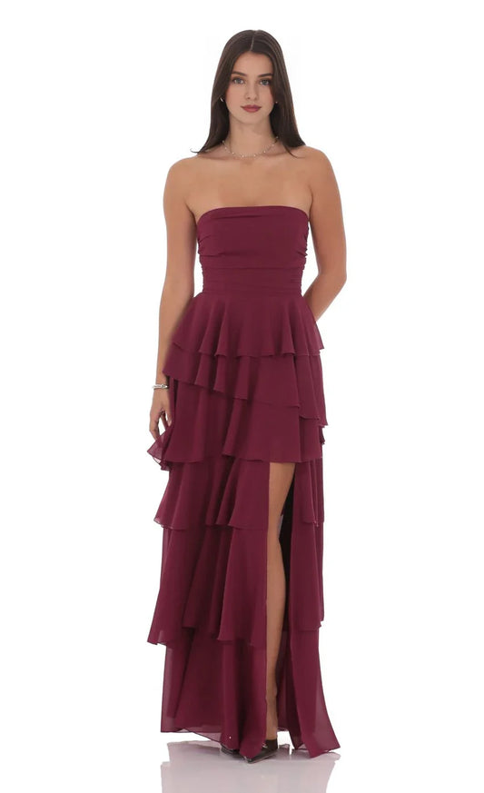 Romantic A-Line Strapless Tiered-Ruffle Tie-Back High-Low Prom Dresses