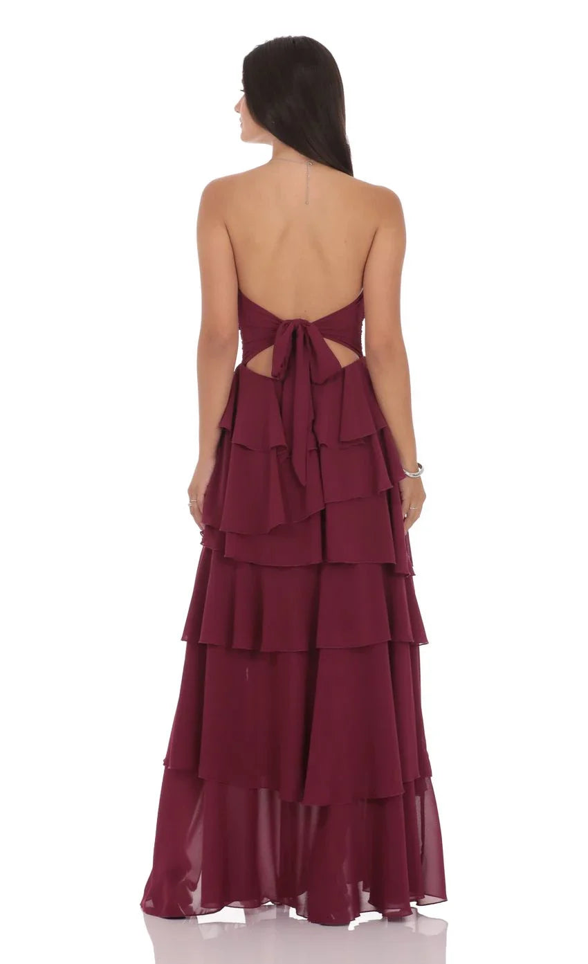 Romantic A-Line Strapless Tiered-Ruffle Tie-Back High-Low Prom Dresses