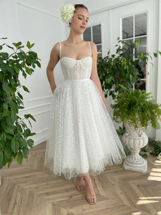 Romantic A-Line Sweetheart Neck Spaghetti Straps Glitter Tulle Midi Evening Dress