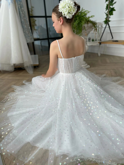 Romantic A-Line Sweetheart Neck Spaghetti Straps Glitter Tulle Midi Evening Dress