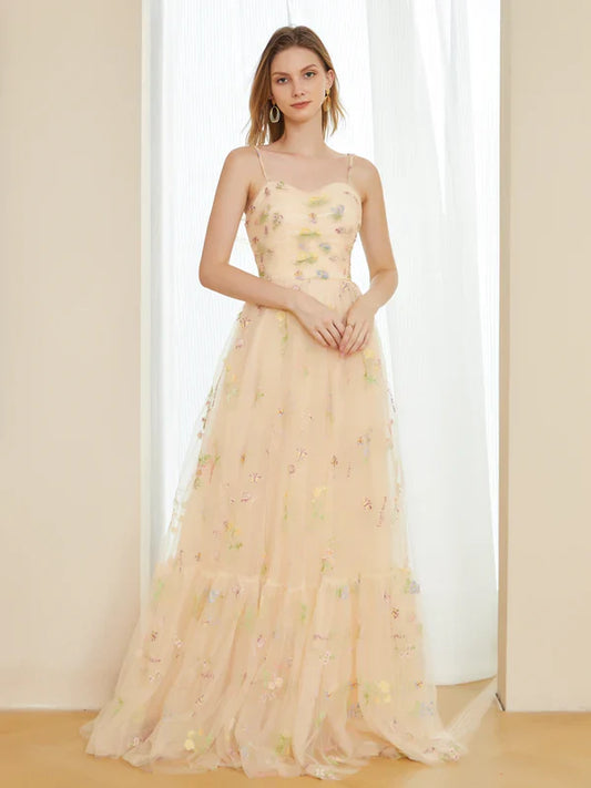 Romantic A-Line Sweetheart Spaghetti-Strap-Bow-Back Champagne Floral Tulle Floor-Length Prom Dresses
