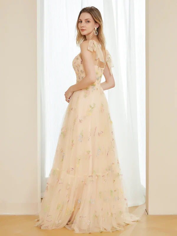 Romantic A-Line Sweetheart Spaghetti-Strap-Bow-Back Champagne Floral Tulle Floor-Length Prom Dresses