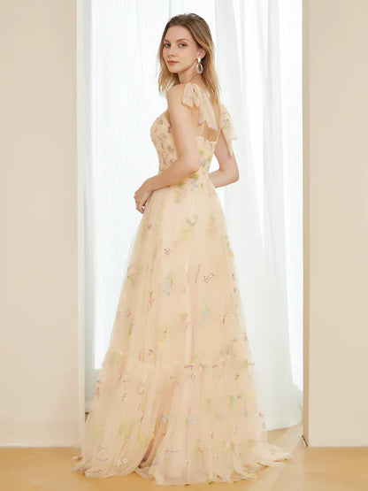 Romantic A-Line Sweetheart Spaghetti-Strap-Bow-Back Champagne Floral Tulle Floor-Length Prom Dresses