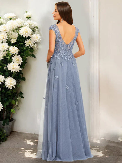 Romantic A-Line V-Neck Cap-Sleeve-Lace-Open-Back Dusty Blue Tulle Floor-Length Prom Dresses