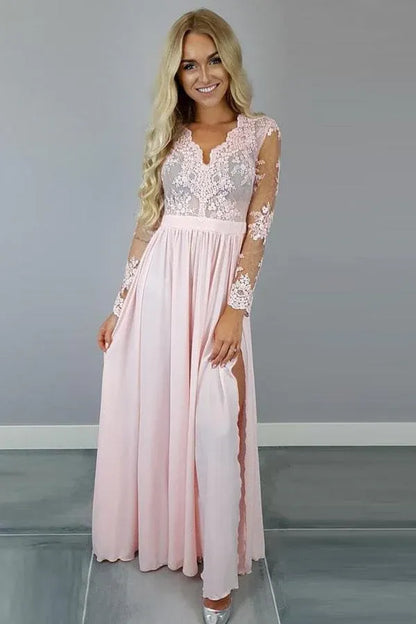 Romantic A-Line V Neck Long Sleeve Sheer Back Floor Length Slit Evening Dress