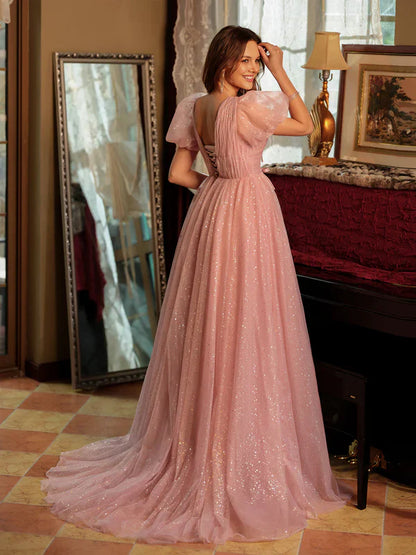 Romantic A-Line V-Neck Puff-Sleeve-Lace-Up-Back Blush Glitter Tulle Floor-Length Prom Dresses
