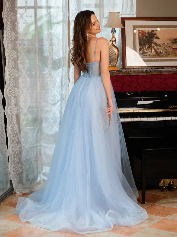 Romantic A-Line V-Neck Spaghetti-Strap-Zip-Back Sky Blue Tulle Floor-Length Prom Dresses