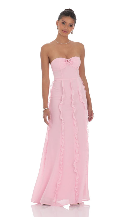 Romantic Ballgown Strapless Sleeveless Open-Back Blush Chiffon Floor-Length Prom Dresses