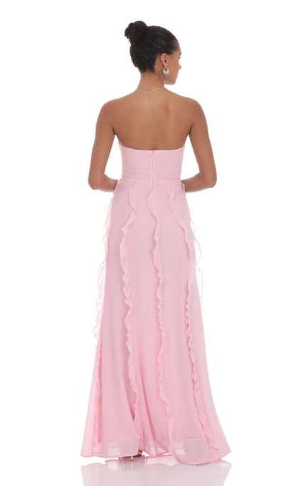 Romantic Ballgown Strapless Sleeveless Open-Back Blush Chiffon Floor-Length Prom Dresses