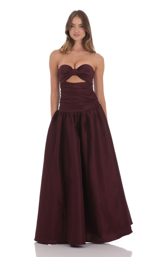 Romantic Ballgown Strapless Sleeveless Open-Back Burgundy Satin Floor-Length Prom Dresses