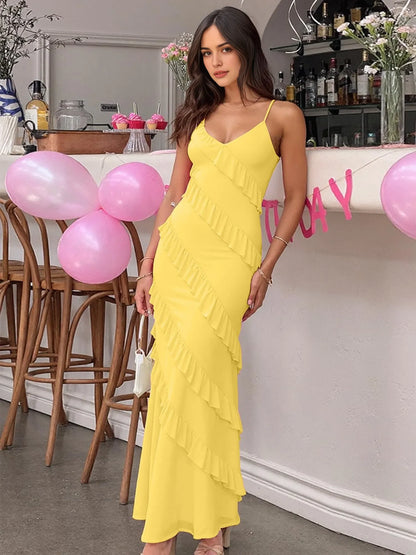 Romantic Bodycon Deep V-Neck Spaghetti Strap Sleeveless Adjustable Strap Back Ruffled Maxi Evening Dress