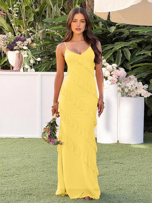 Romantic Bodycon Deep V-Neck Spaghetti Strap Sleeveless Adjustable Strap Back Ruffled Maxi Evening Dress