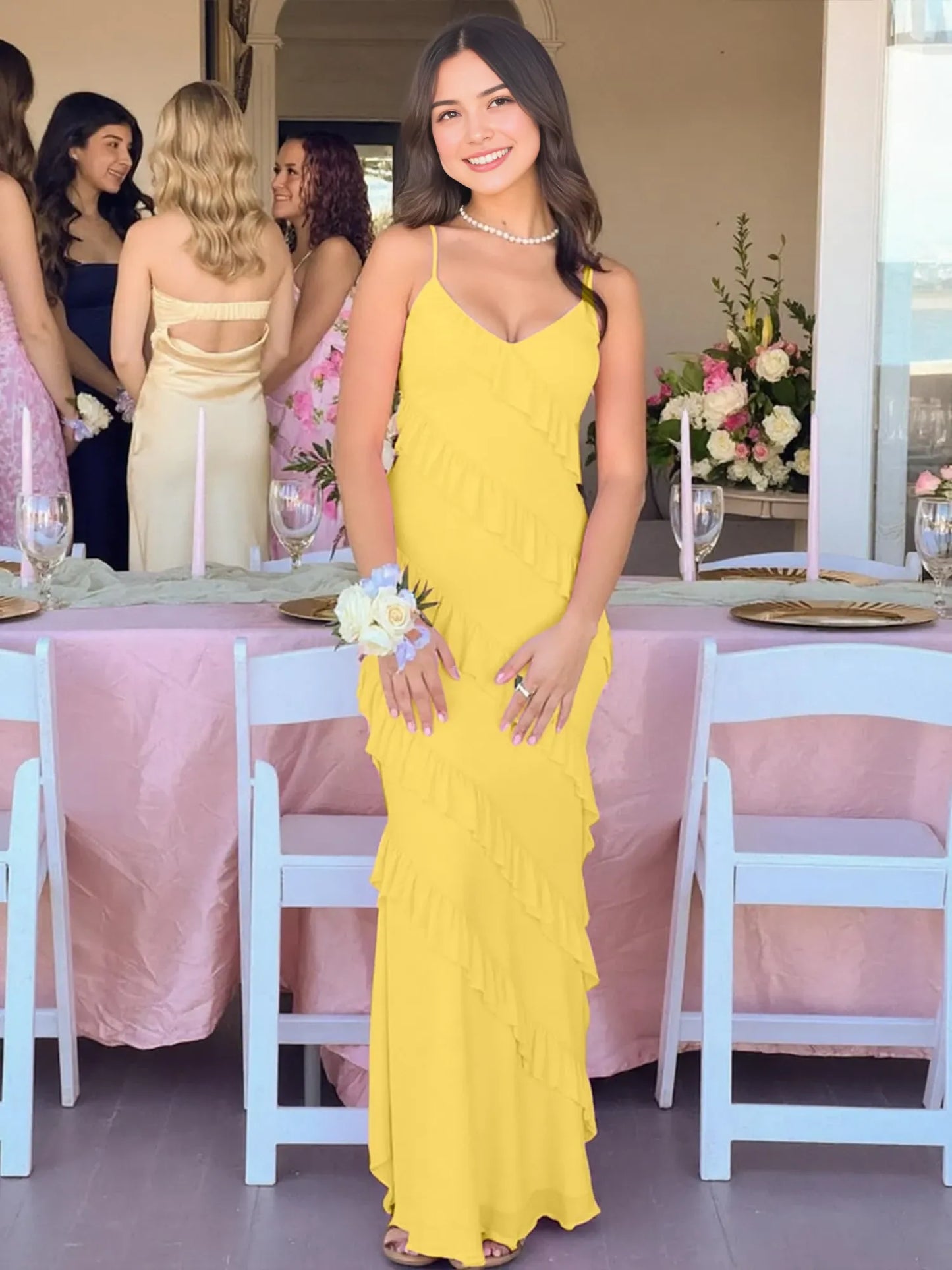 Romantic Bodycon Deep V-Neck Spaghetti Strap Sleeveless Adjustable Strap Back Ruffled Maxi Evening Dress