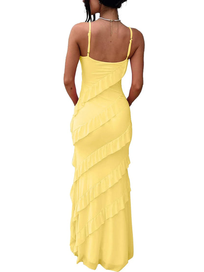 Romantic Bodycon Deep V-Neck Spaghetti Strap Sleeveless Adjustable Strap Back Ruffled Maxi Evening Dress
