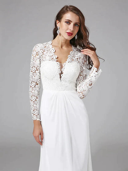 Full length view of the V-neck wedding dress, displaying its graceful silhouette and lace embellishments.