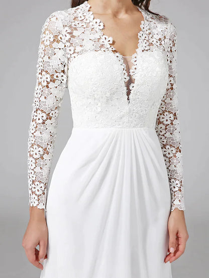 Bride posing in the romantic V-neck wedding dress, emphasizing its ethereal and charming style.