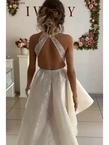 Side view of the A-Line wedding dress showing organza fabric and pleats.