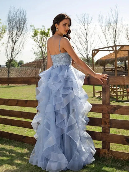 Romantic Lace Deep V-Neck Spaghetti Strap Ruffled Tulle Floor-Length Evening Dress