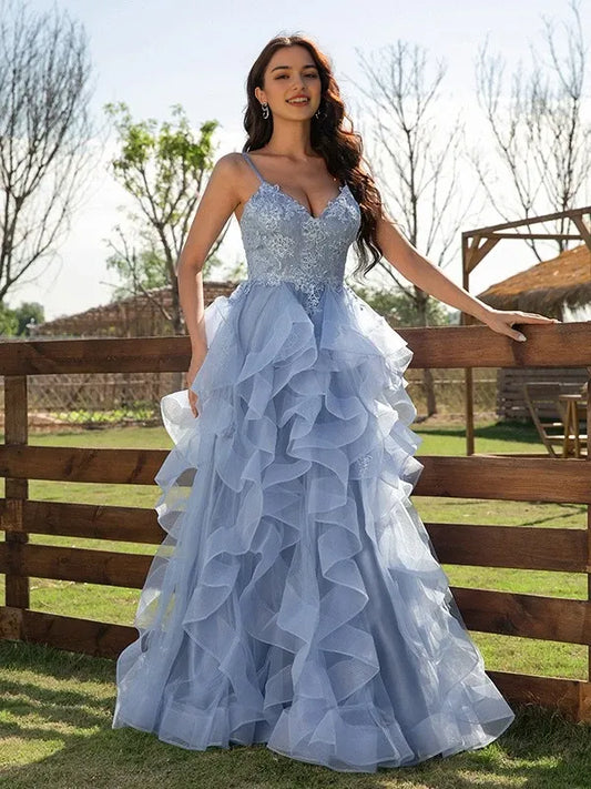 Romantic Lace Deep V-Neck Spaghetti Strap Ruffled Tulle Floor-Length Evening Dress
