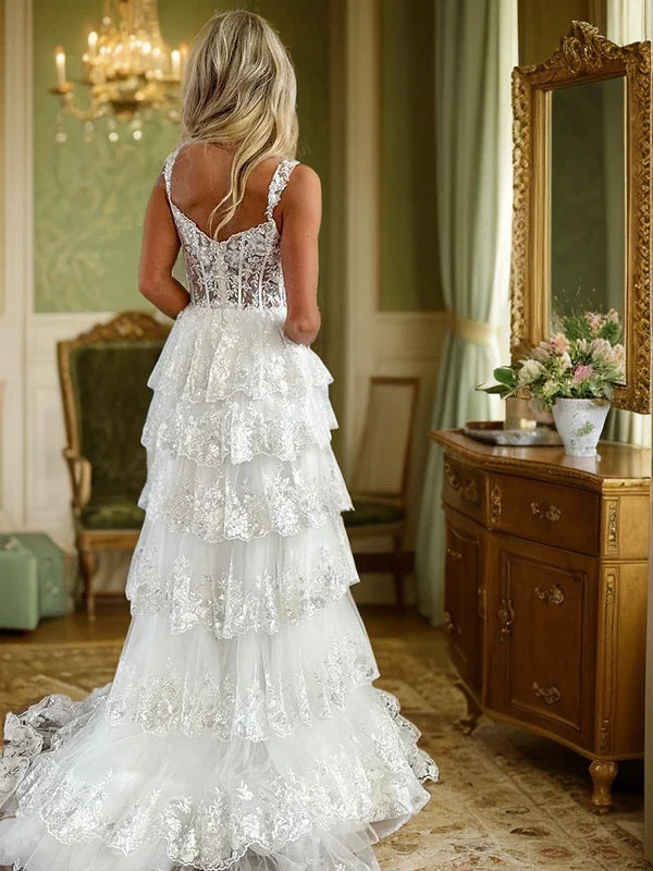 Romantic Lace Spaghetti Strap Tiered Ruffle High-Slit Train Wedding Dress