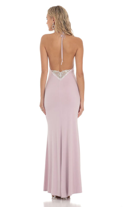 Romantic Mermaid Deep-V Halter-Strap Open-Back Embellished Jersey Floor-Length Prom Dresses