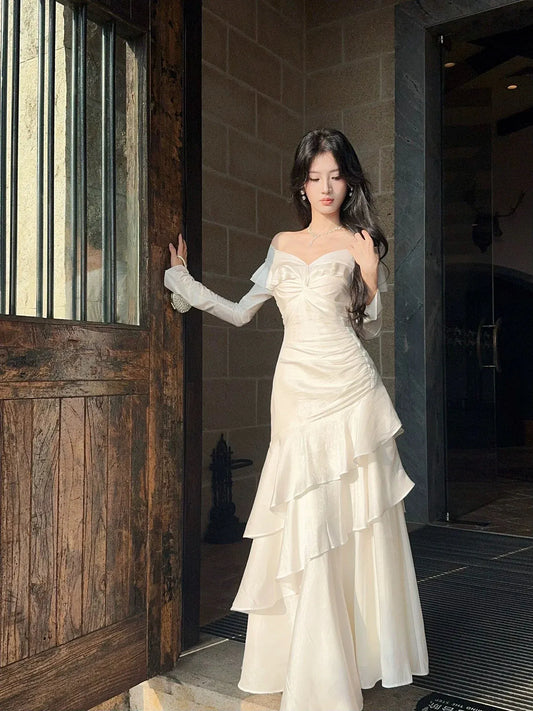 Romantic Mermaid Off Shoulder Long Sleeve Zipper Back Floor Length Wedding Guest Dress