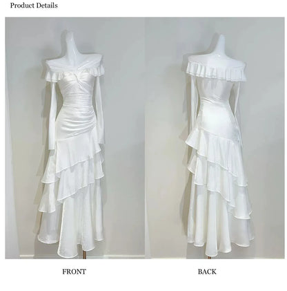 Romantic Mermaid Off Shoulder Long Sleeve Zipper Back Floor Length Wedding Guest Dress