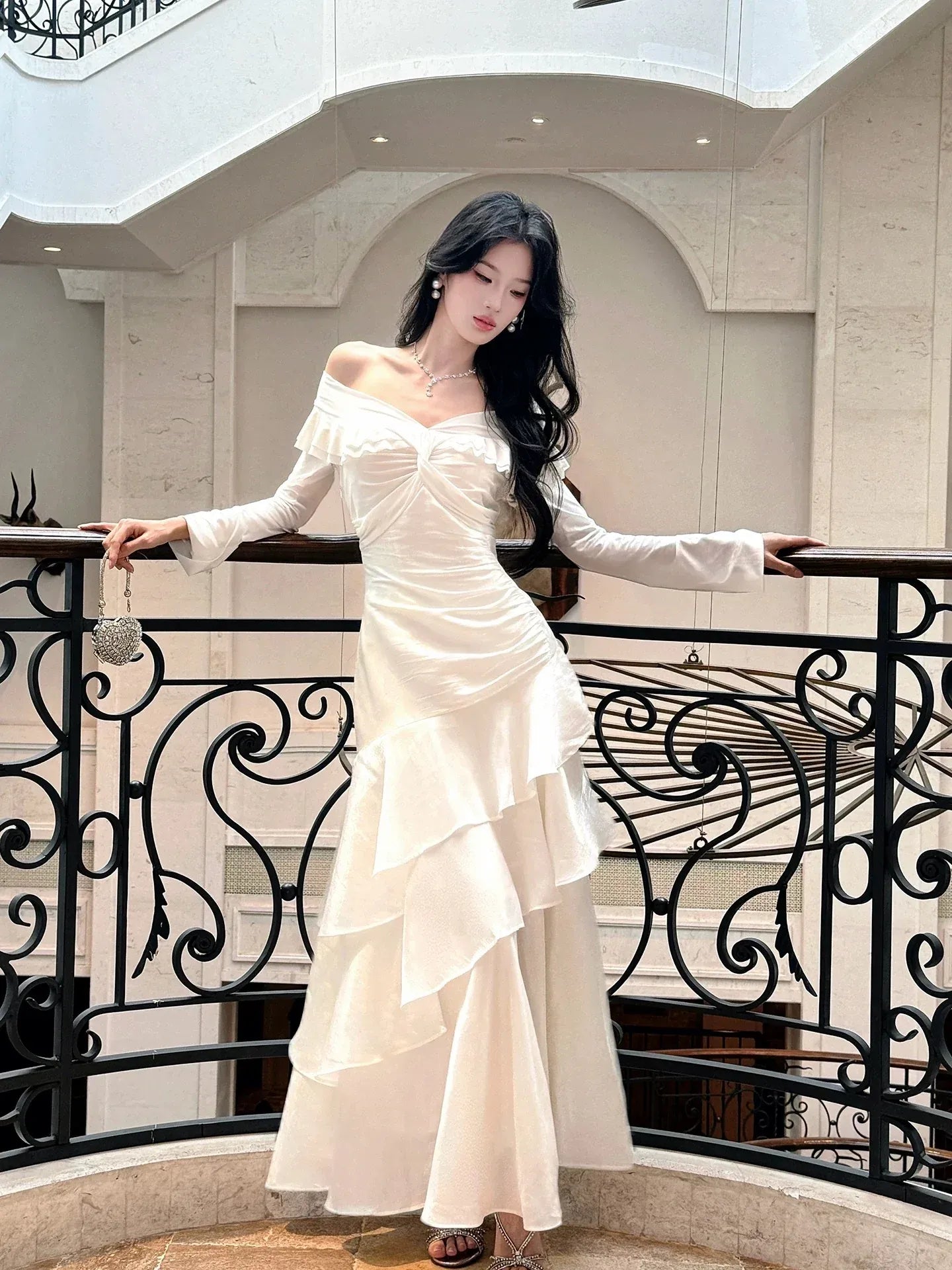 Romantic Mermaid Off Shoulder Long Sleeve Zipper Back Floor Length Wedding Guest Dress