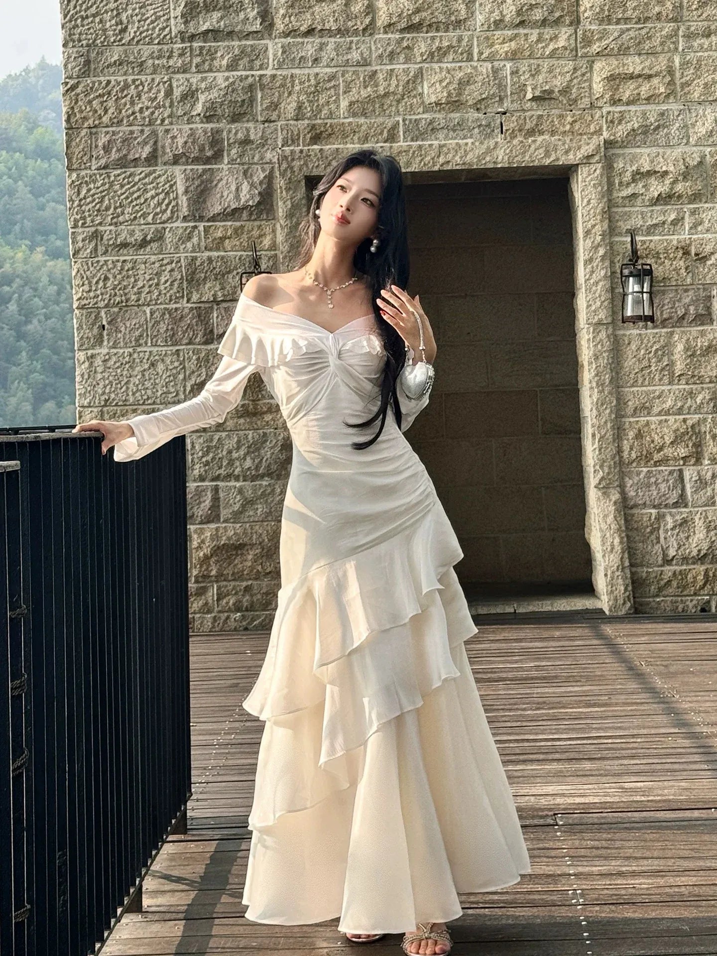 Romantic Mermaid Off Shoulder Long Sleeve Zipper Back Floor Length Wedding Guest Dress