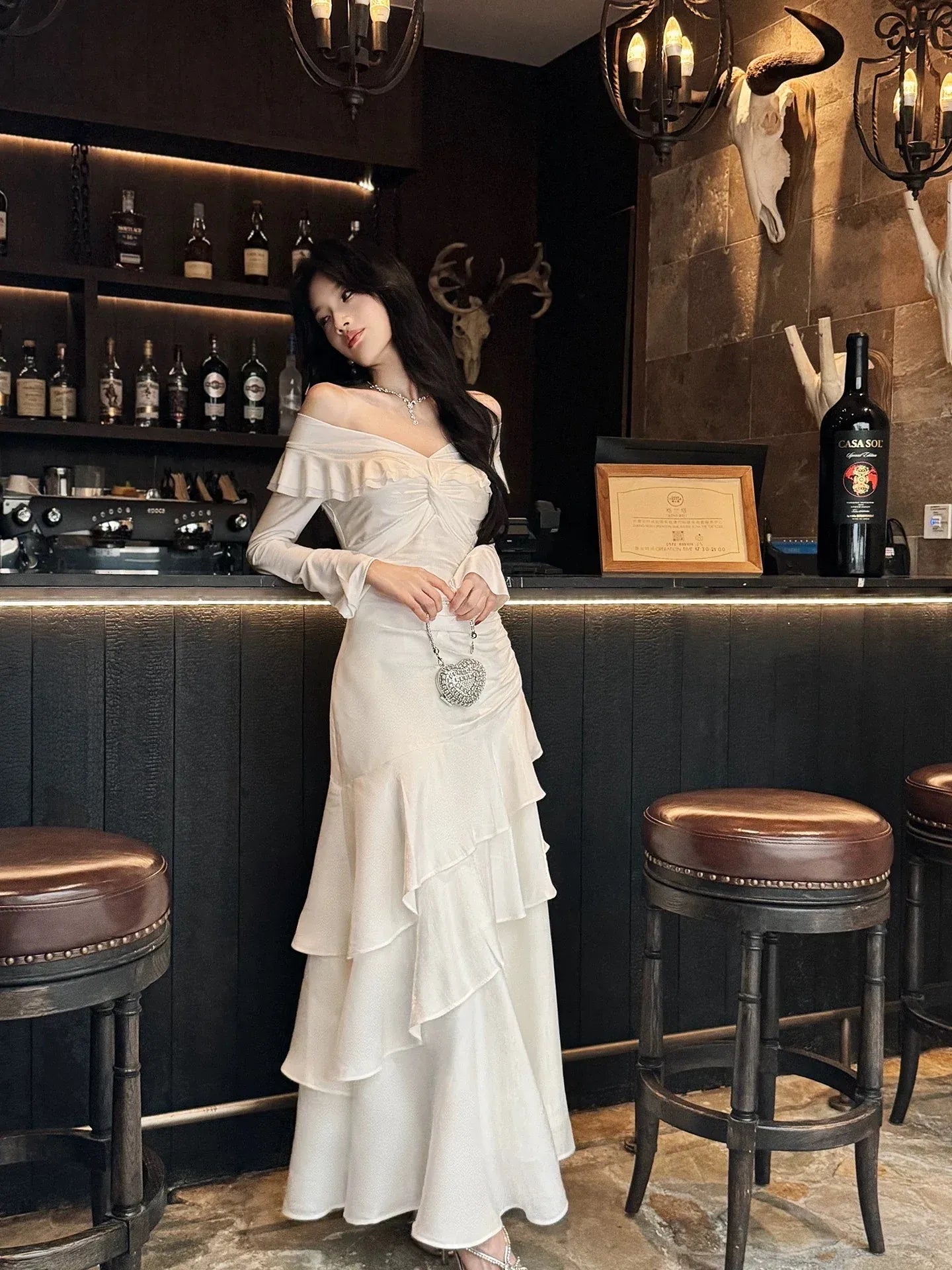 Romantic Mermaid Off Shoulder Long Sleeve Zipper Back Floor Length Wedding Guest Dress