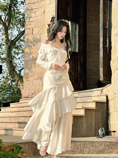 Romantic Mermaid Off Shoulder Long Sleeve Zipper Back Floor Length Wedding Guest Dress