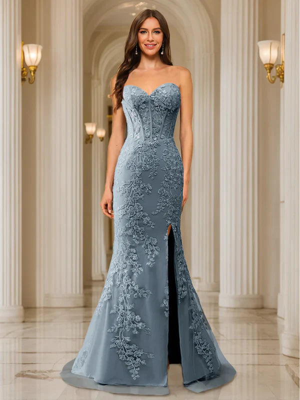 Romantic Mermaid Strapless Lace-Up-Back Floral-Lace Dusty Blue Tulle Floor-Length Prom Dresses