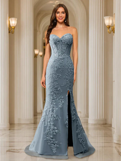 Romantic Mermaid Strapless Lace-Up-Back Floral-Lace Dusty Blue Tulle Floor-Length Prom Dresses