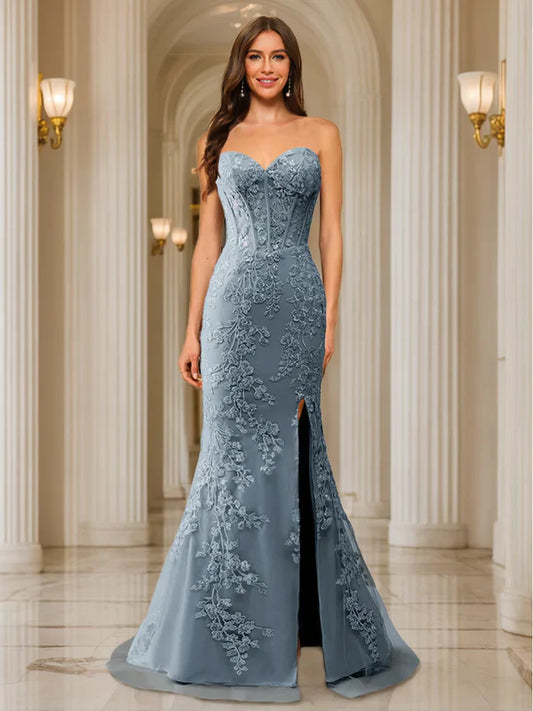 Romantic Mermaid Strapless Lace-Up-Back Floral-Lace Dusty Blue Tulle Floor-Length Prom Dresses