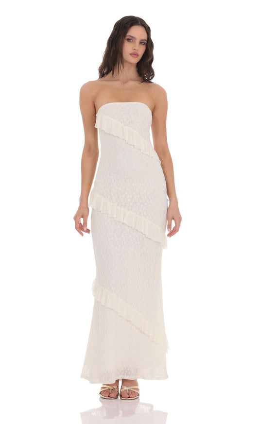 Romantic Mermaid Strapless Sleeveless Open-Back Ivory Lace-Ruffle Floor-Length Prom Dresses