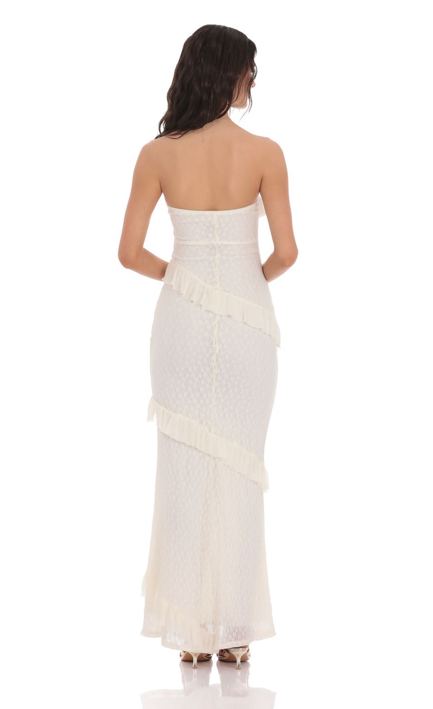 Romantic Mermaid Strapless Sleeveless Open-Back Ivory Lace-Ruffle Floor-Length Prom Dresses