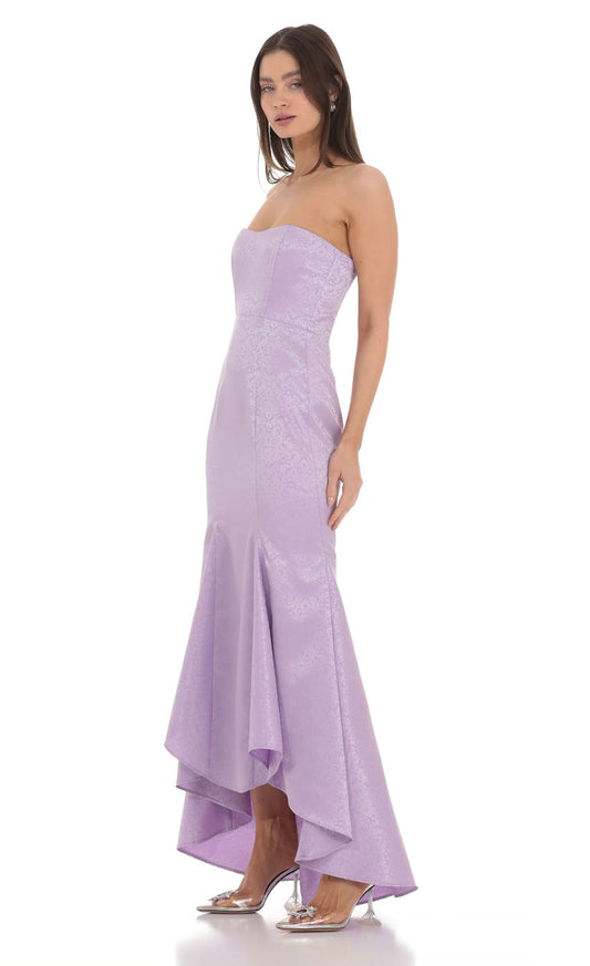 Romantic Mermaid Strapless Sleeveless Open-Back Lavender Brocade Floor-Length Prom Dresses