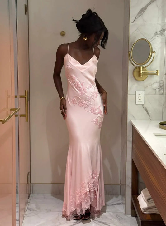 Romantic Mermaid V-Neck Spaghetti Strap Zipper Back Floor-Length Lace Satin Evening Dress