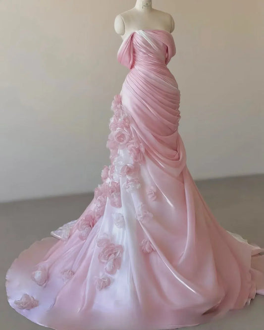 Romantic Off-the-Shoulder Ruched Mermaid Maxi Dress with 3D Florals & Corset Back
