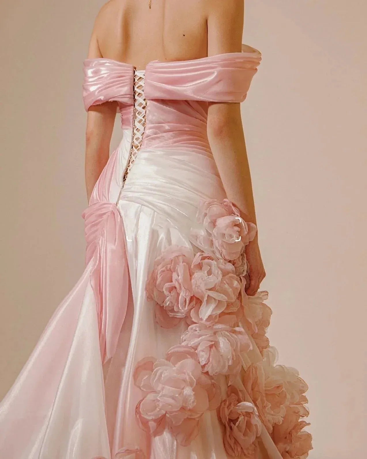 Romantic Off-the-Shoulder Ruched Mermaid Maxi Dress with 3D Florals & Corset Back
